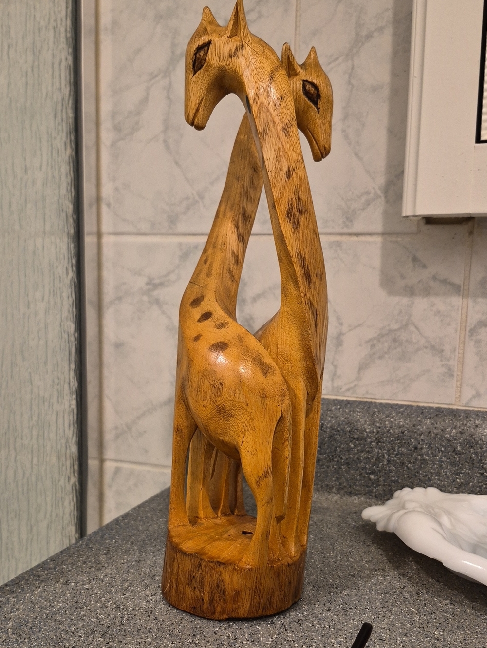 Vintage HandCarved Wooden Giraffe Sculpture Intertwined African Folk Art Statue